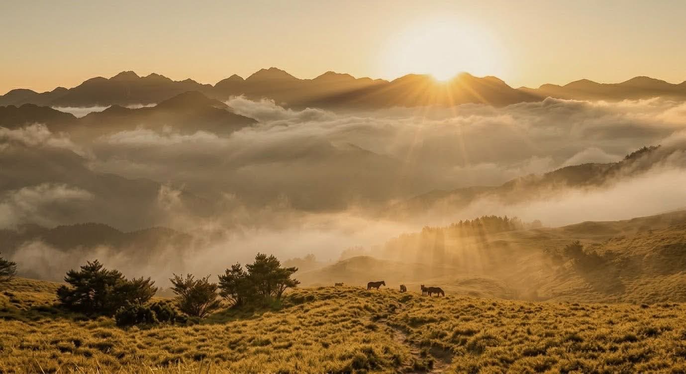 高山日出,雲海上的草原與幾匹馬